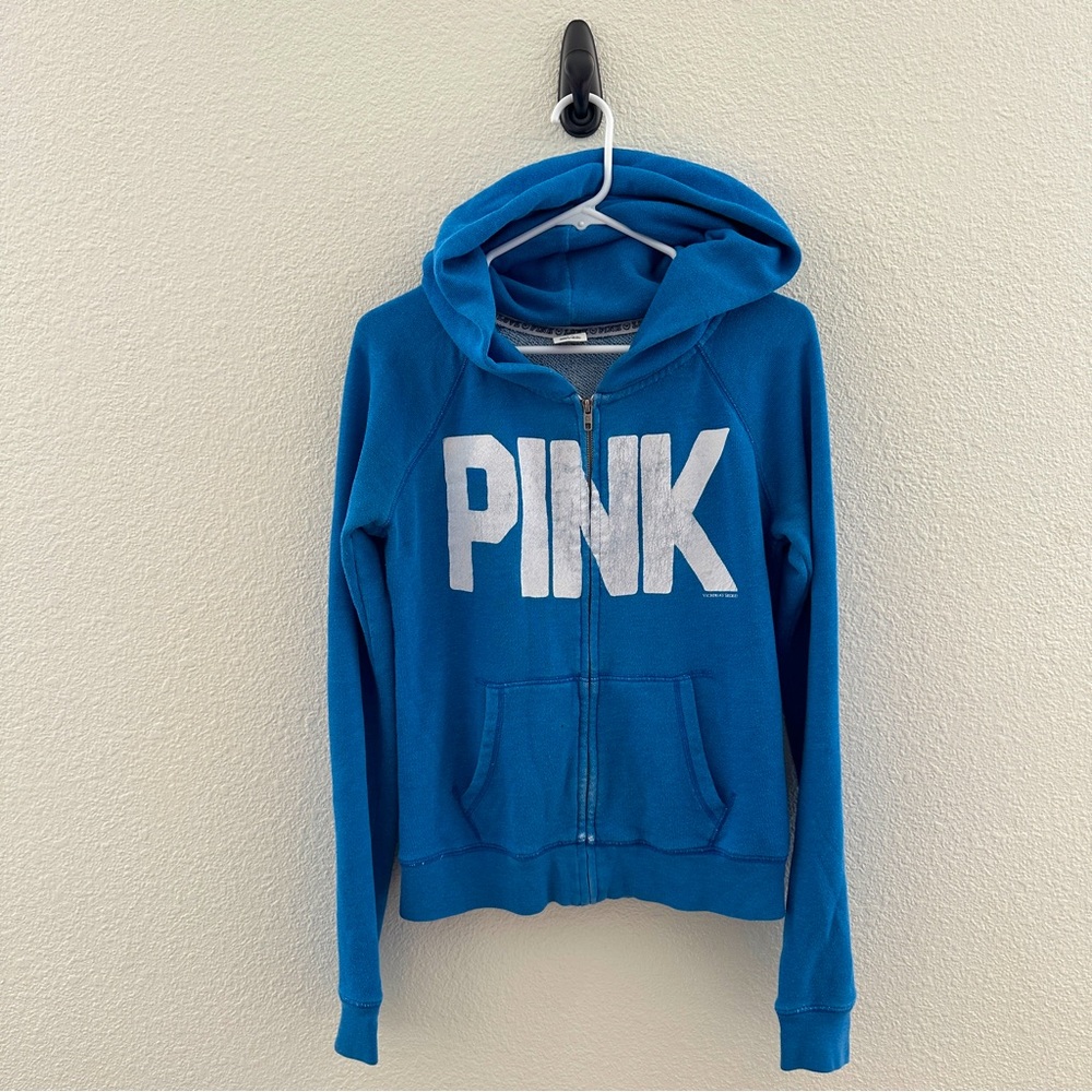 Victoria's‎ Secret PINK Zip Up Hoodie Women Small Blue Love Graphic Logo